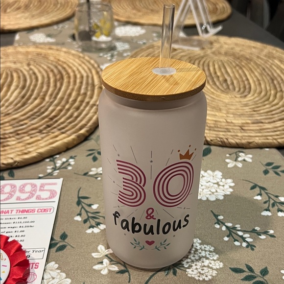 1995 30th Birthday Frosted Glass Tumbler with Bamboo Lid and Straw - Picture 2 of 5